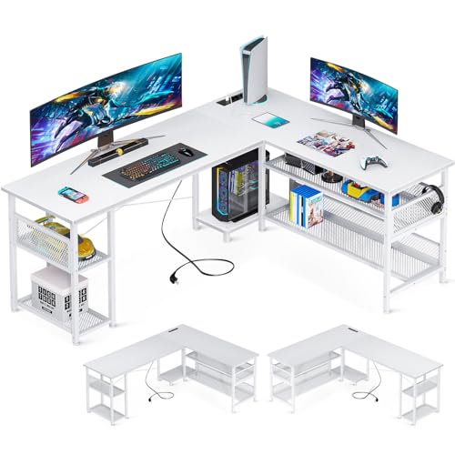 ODK Reversibel Gaming Schreibtisch L-Form, 168×120cm eckschreibtisch weiß mit 2 Steckdosen und 2 USB Ladeanschluss, Ecktisch mit Großer Stauraum, Stilvoll & Funktional