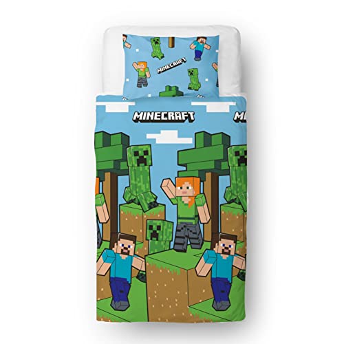 Minecraft Offizielles Bettwäsche-Set für Einzelbett, Episches Design, blau, wendbar, zweiseitig, Bettbezug, offizielles Merchandise-Produkt, inklusive passendem Kissenbezug