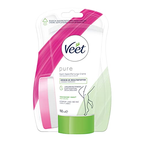 Veet Pure Dusch-Haarentfernungscreme für Körper, Arme & Beine - Enthaarungscreme für die Dusche, für trockene Haut - 150 ml inkl. Schwamm