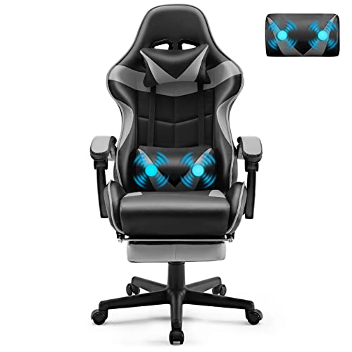 Soontrans Gaming Stuhl Massage, Gaming Sessel mit Fußstütze & Kopfstütze & Massage-Lendenkissen, Gepolsterte Armlehnen, Ergonomisch Gaming Stuhl für Gamer YouTube Livestreaming Xbox (Grau)
