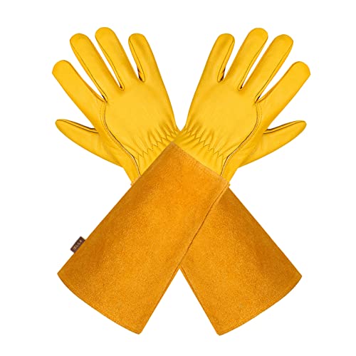 Gartenhandschuhe aus Leder für Damen und Herren – Isilila atmungsaktive Rosen-Handschuhe mit Dornschutzhandschuh, Lange Rindslederärmel, Gartenarbeitshandschuhe für Gärtner und Bauern, gelb
