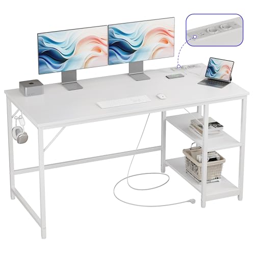 JOISCOPE Ergonomischer Home-Office Schreibtisch mit USB & Type-C Anschluss, 140x60 cm, Weiß Optik, Multifunktionaler Computertisch für Gaming und Studium, mit Regal