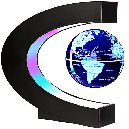 YAVOCOS Magnetische Schwebender Globus 7 Farblichter, C-Förmiger Automatisch Rotierender Globus, Leuchtende Weltkarten Desktop Dekoration, Geburtstagsgeschenk