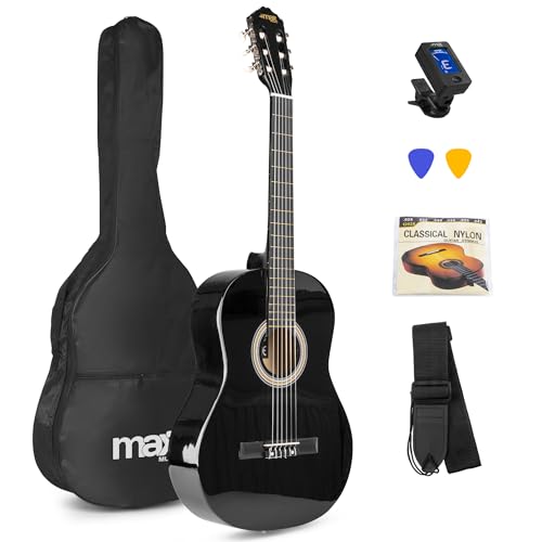 MAX SoloArt - 4/4 Akustik Gitarre für Anfänger Einsteiger Erwachsene - Akustikgitarre inkl. Tasche, Stimmgerät, Plektrum, Gurt und Zubehör - Acoustic, Konzertgitarre in Schwarz