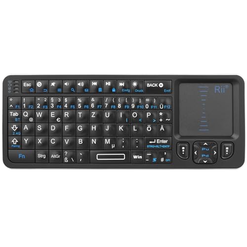 Rii Mini Tastatur Bluetooth mit Touchpad, Wireless Tastatur mit IR-Lernen und Hintergrundbeleuchtung für Android TV Box/Mac/Laptop/Windows/Tablet (DE Layout)