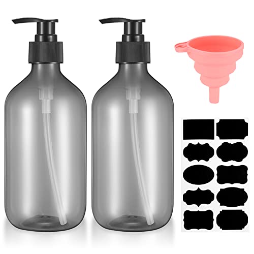2 Stück 500 ml Shampoo Flaschen zum Befüllen, Duschgel Flasche, Leere nachfüllbare Pumpflaschen, Seifenspender Kunststoff für Lotionen Shampoos, mit Trichter, Etiketten (Grau)