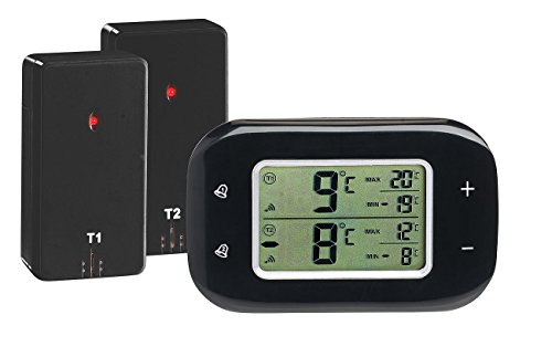 Rosenstein & Söhne Thermometer Kühlschrank: Digitales Kühl- & Gefrierschrank-Thermometer, 2 Funk-Sensoren, schwarz (Thermometer Gefriertruhe, Kühlschrankthermometer Funk, Temperaturüberwachung)