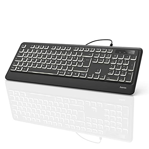 Hama USB Tastatur beleuchtet mit Kabel 'KC-550' (laserbeschriftet, deutsches Tastenlayout QWERTZ, 12 Media-Tasten, ergonomische Tastatur für PC und Laptop, flach, extra langes Kabel 180 cm) schwarz