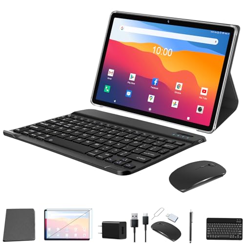 2024 Tablet 10 Zoll, 5G WiFi Android Tablet mit Tastatur Maus Stift, 128GB ROM+1TB TF, 1.8GHz Okta-Kern, 7000mAh,face ID 13MP+8MP Kamera, 1080P FHD Bluetooth 5.0, GMS|OTG|FM|Typ-c (Grau)