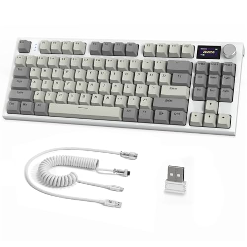 RK86 Pro Mechanische Tastatur, 2,4G Wireless/BT5.0/USB-C Wired Gaming-Tastatur, 75% Layout TKL 87 Tasten mit 1.2' TFT-HD-Farbdisplay und CNC-Knopf, RGB Backlit TTC-Hot-Swap-Linearschalter - Grau