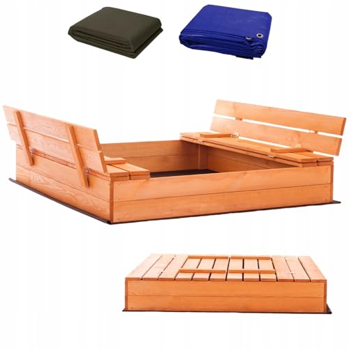 Sandkasten 120x120 Imprägniert Premium Sandbox mit Abdeckung Sitzbänken Deckel Plane Sandkiste Holz Kiefer Sandkastenvlies