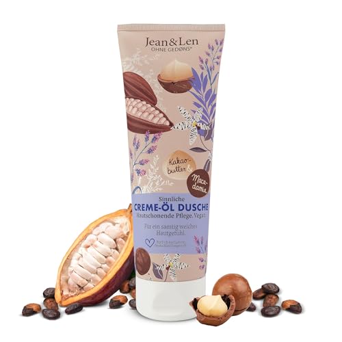 Jean & Len Creme-Öl Dusche Kakaobutter Macadamia, pH-hautideal, reichhaltiges Duscherlebnis, mit wertvollem Kakaobutter-Extrakt und Macadamianuss-Öl, veganes Duschgel, ohne Parabene & Silikone, 250 ml