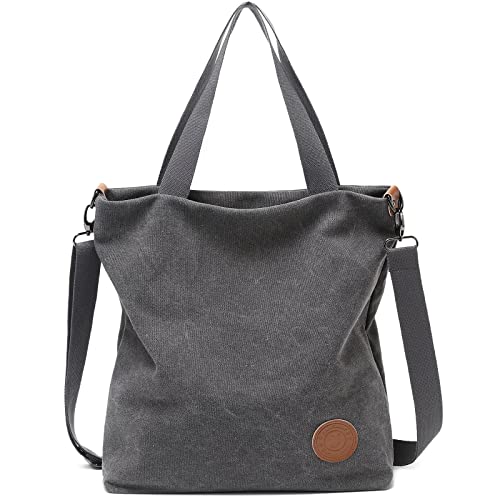 JANSBEN Damen Canvas Handtasche Schultertasche Casual Multifunktionale Umhängetaschen Groß für Schule Shopper Lässige täglich (Grau)