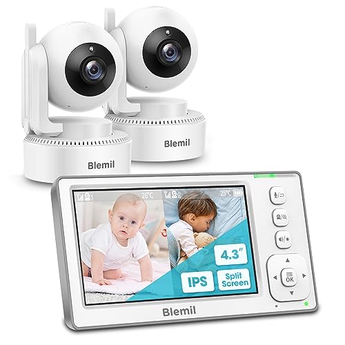 Blemil Babyphone, 4.3'' IPS Split-Screen-Monitor mit 29-Stunden-Akku, Schwenk-Neige-Zoom Video-Babyphone mit 2-Kameras und Audio, Kein WLAN, 2X Zoom