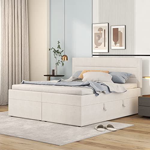 Tkopy Boxspringbett 140x200 mit Bettkasten, Doppelbett Polsterbett mit Lattenrost, Bett, Betten, Bettgestell mit Stauraum, Schlafzimmer Komplett, Stauraumbett (Beige, Doppelbett 140x200) Ohne Matratze