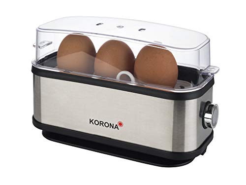 Korona 25304 Eierkocher | 1 bis 3 Eier | Single-Eierkocher | Edelstahlgehäuse | Mit Eierhalter, Messbecher und Eierstecher | 210 Watt