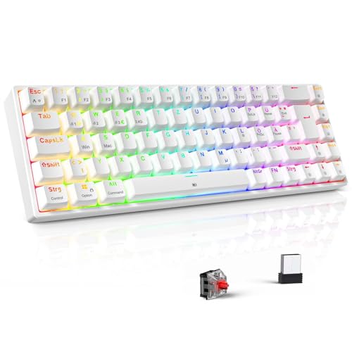 TECURS Gaming Tastatur - RGB Mechanische Tastatur Kabellos Bluetooth/2.4G/Mit Kabel, 65% QWERTZ Gamer Tastatur mit Rote Schalter für PC/Laptop/PS4/PS5, Weiß