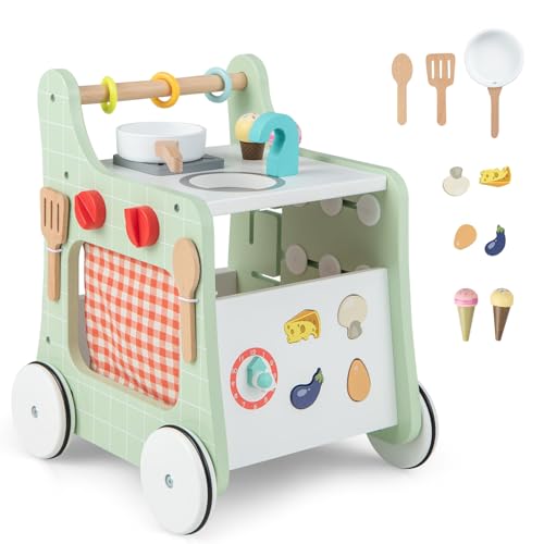 DREAMADE Lauflernwagen Holz, 6-in-1 hölzerne Lauflernhilfe, Baby Walker mit Blöcken & 9 Teilen Zubehör, Lernlaufwagen & Aktivitätszentrum, Kinderküche-Spielzeug für Kleinkinder ab 1 Jahren