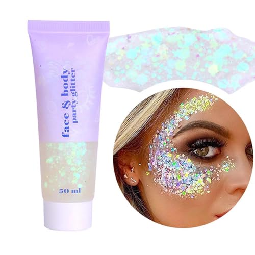 Prreal Body Glitter gel 50ml, Mermaid Sequins Chunky Glitter Liquid kit, Long-Lasting Glitter Powder For Festival Masquerade Birthday Makeup#White