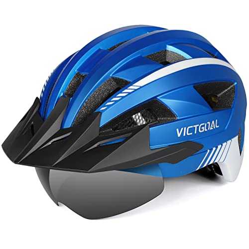 VICTGOAL Fahrradhelm MTB Mountainbike Helm mit magnetischem Visier abnehmbarer Sonnenschutzkappe und LED Rücklicht Radhelm Rennradhelm für Erwachsenen Herren Damen (L: 57-61cm, Metalblue)