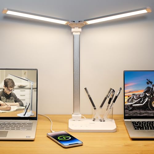 iVict Dual Swing Arm LED Schreibtischlampe, 5-Modi Touch Control Helligkeitsstufen Schreibtischlicht mit 45-Minuten Auto-Off Timer, USB-Ladeanschluss, Speicherfunktion, Stifthalter für Büro