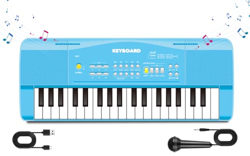 ACVCY Keyboard Kinder ab 3 Jahre, Tragbare Multifunktions Kinder Keyboard 37 Tasten mit Mikrofon, Musikspielzeug Klaviertastatur Lernspielzeug Geschenk für Jungen Mädchen 3 4 5 6 Jahre, Blau
