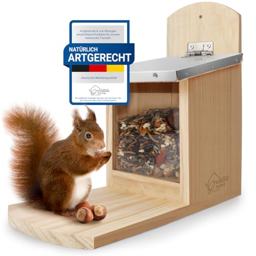 WILDLIFE HOME Eichhörnchen Futterhaus mit Metalldach I Futterstation aus verschraubtem Massiv-Holz I Wetterfest & Unbehandelt I Eichhörnchenhaus für Eichhörnchenfutter