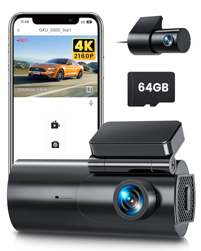 GKU Dashcam Auto Vorne Hinten 4K/2,5K WiFi Dash Cam mit 64GB SD Karte, Dual Auto Kamera mit Parküberwachung, Super Nachtsicht, WDR, 170° Weitwinkel, G-Sensor, Loop-Aufnahme, APP Steuerung, Max 256GB