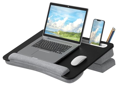 Laptopkissen, PUTORSEN Laptop Knietablett mit Ergonomische Handgelenkauflage, Größere Laptop Kissen für max. 17.3 Zoll Notebook, Höhenverstellbar Laptopunterlage mit Tabletund Telefonhalter (Schwarz)