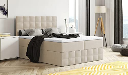 Generisch Moderne Boxspringbett MERA Premium Bett mit Bettkasten Ziernähten Bonell Matratze H3 Federkern Topper Polsterbett Doppelbett Schlafzimmer (Beige - Aura 01, 120 x 200)