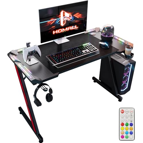 Homall Gaming Tisch Mit Led 120x60 cm,Ergonomischer Gaming Desk mit Z-Gestell-Design, Gaming Schreibtisch mit Becherhaltern, Kopfhörerhaken, Geeignet Für Büro und Spiele, Schwarz