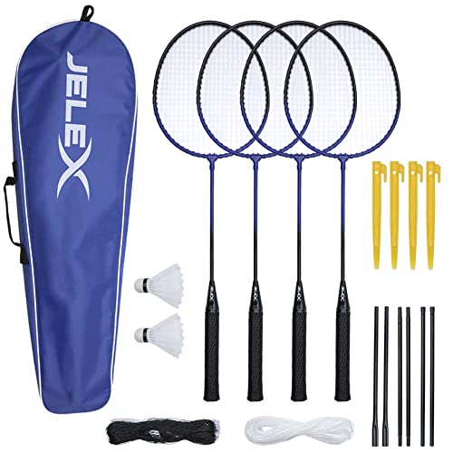JELEX Big Utd. 4 Badminton Federball-Schläger mit 2 Bällen und Netzen, inklusive blauen hochwertig verarbeiteten Badmintontasche/Badmintonset für die Familie zum Spielen und Trainieren