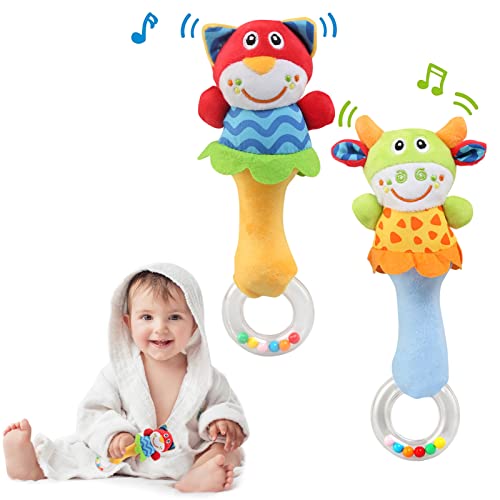 LEADSTAR Baby Rassel, Greifling Baby Spielzeug Babyrassel Babyspielzeug Sensorisches Knisterspielzeug Plüsch Cartoon Tier Geschenk mit Klingel für Neugeborene Babys Kleinkinder ab 0 3 6 9 12 Monate