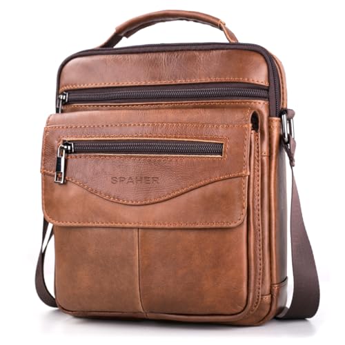 SPAHER Umhängetasche Leder Herren Herrentasche Schultertasche Echtes Leder Handgelenktasche Herren Schultertasche Crossbody Bag Messenger Bags Geschenk für Männer