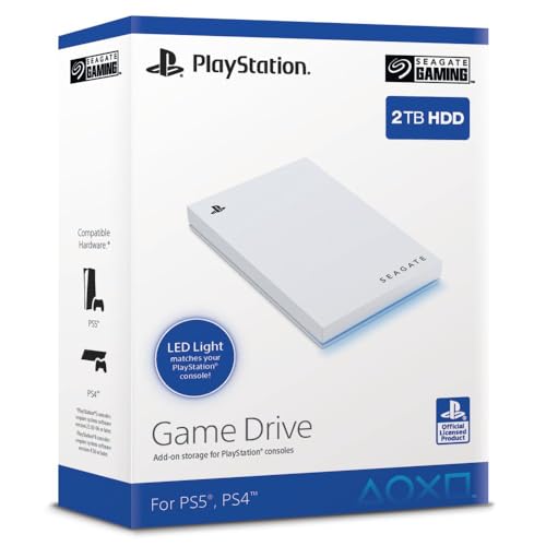Seagate Game Drive PS4/PS5, 2TB, tragbare externe Festplatte, 2.5 Zoll, USB 3.0, weiß, LED blau, Modellnr.: STLV2000202