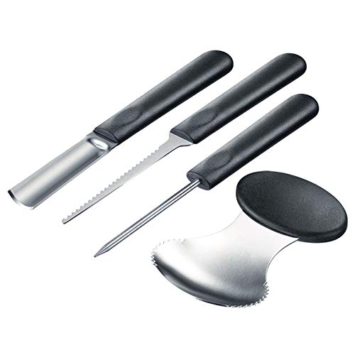 Westmark Dekorations-Schnitz-Set für Kürbisse und anderes Obst/Gemüse, 4-tlg., inklusive Schnitz-Vororlagen, Halloween, Rostfreier Edelstahl/Kunststoff, Schwarz/Silber, 51282260