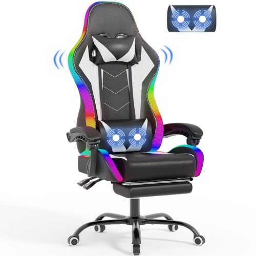 Devoko LED Gaming Stuhl mit Massage, Computerstuhl mit Fußstütze und Massage-Lendenkissen, Racing Gamer Stuhl Ergonomisch mit Verstellbare Kopfstütze, Bürostuhl Gaming Stuhl 180 kg belastbarkeit, Weiß