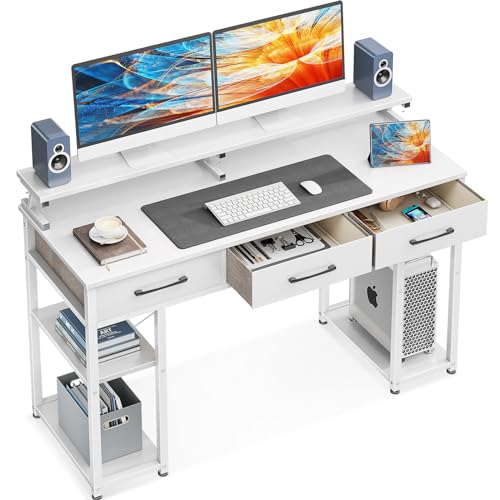 ODK Schreibtisch Weiß, Schreibtisch mit 3 Schubladen, Computertisch mit Regal, 120x50x90cm Bürotisch mit Monitorständer, PC-Tisch Gaming Tisch für Home Office, Büro, Wohnzimmer