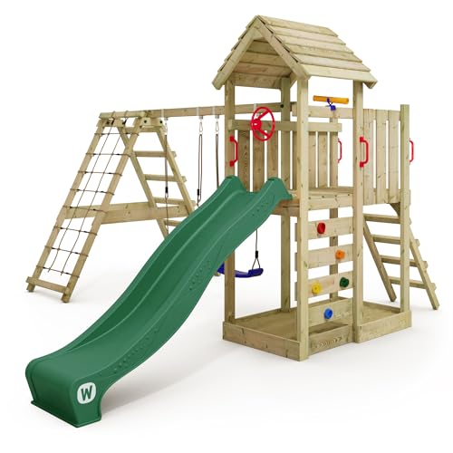 WICKEY Spielturm Klettergerüst RocketFlyer mit Schaukel & Grüner Rutsche, Outdoor Kinder Kletterturm mit Sandkasten, Leiter & Spiel-Zubehör für den Garten…