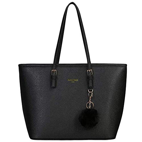 URAQT Damen Handtasche Schwarz, Shopper Handtasche Leder Tasche, Groß, für Büro Schule Einkauf mit Kaninchen Pelz Kugel Plüsch Schlüsselring