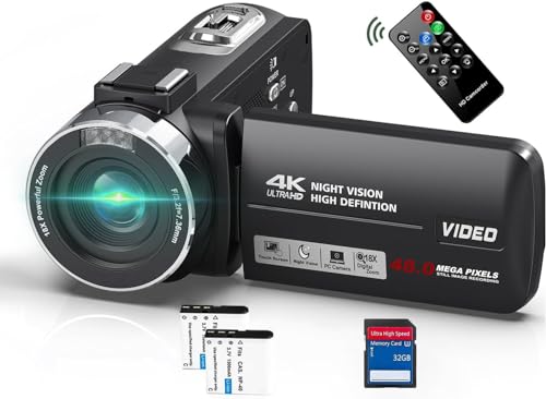 Videokamera 4K Camcorder 48MP mit IR Nachtsicht, 18X Digitalzoom 30 FPS Webcam Video Kamera 3.0-Zoll 270° Rotation Touchscreen Vlogging-Kamera für YouTube mit Fernbedienung, 2 Batterien, 32GB SD Karte
