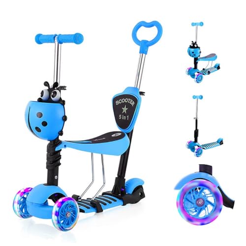 YOLEO 5-in-1 Kinder Roller Scooter mit Abnehmbarer Karikaturkorb Sitz Schubstange LED große Räder Bequeme Rückenlehne Höheverstellbare Lenker für Kleinkinder Jungen Mädchen ab 2 Jahre (Blau)