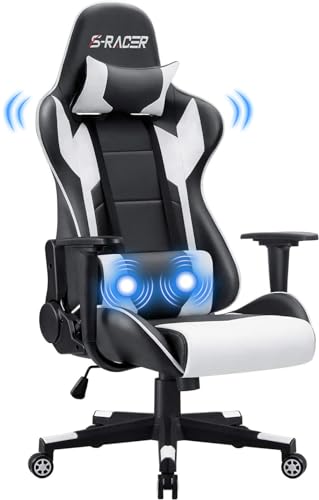 JUMMICO Massage Gaming Stuhl, Bürostuhl Ergonomisch mit Lendenwirbelstütze, Computerstühle Racing Bürostühle Sessel, Höhenverstellbar Liegestuhl Schreibtischstuhl 150kg Belastbarkeit, Weiß