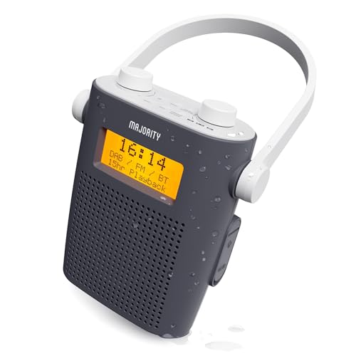 IPX-5 Wasserdichtes tragbares Bluetooth DAB/DAB+ Radio | Wiederaufladbarer 15 Stunden Akku Duschradio, netzbetrieben | UKW-Radio, 20 Voreinstellungen | 3,5mm Klinke, LED-Display | Majority Eversden