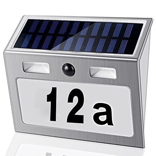 Solar Hausnummer Beleuchtete mit Bewegungsmelder Aussen, Edelstahl Solarhausnummer mit Dämmerungsschalter Wasserdicht, 7 LEDs Solar Hausnummerleuchte mit Nummern & Buchstaben, Typ B