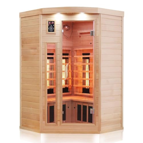 Dewello® Infrarotkabine Infrarotsauna LAKEFIELD 120cm x 120cm für 1-2 Personen aus Hemlock Holz mit Vollspektrumstrahler, LED-Farblicht, Bluetooth, FM,MP3,USB