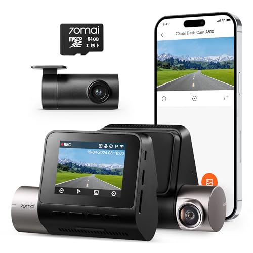 70mai Dashcam Auto Vorne und Hinten A510, 2,7K 1944P WiFi Dash Cam mit 64GB SD Karte, Smart Dual Auto Kamera mit Parküberwachung, Super Nachtsicht, HDR, G-Sensor, ADAS, Loop-Aufnahme, APP Steuerung