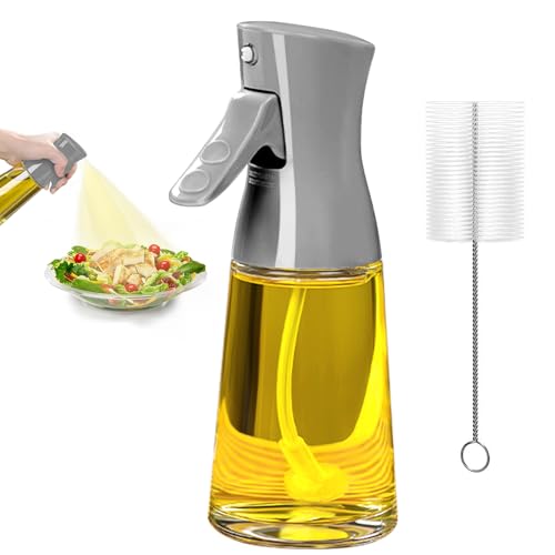 Showvigor Olivenöl Sprüher zum Kochen, 180ML Glas Öl Spender Flasche mit Pinsel, Rapsöl Essig Spray Mister für Küche, Nachfüllbare Gadgets Zubehör weit verbreitet für Air Fryer (GRAU)