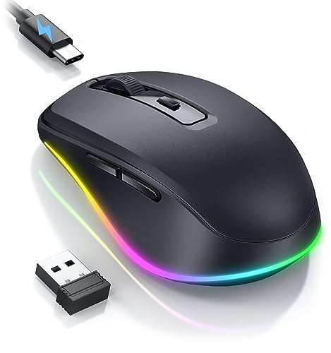 seenda Kabellose Maus LED, Wiederaufladbar Maus Kabellos mit Maus Jiggler, Leise 2.4G USB Funkmaus für Laptop, Computer Wireless Mouse Beleuchtet DPI 2000 für PC, Windows, MAC OS-Schwarz