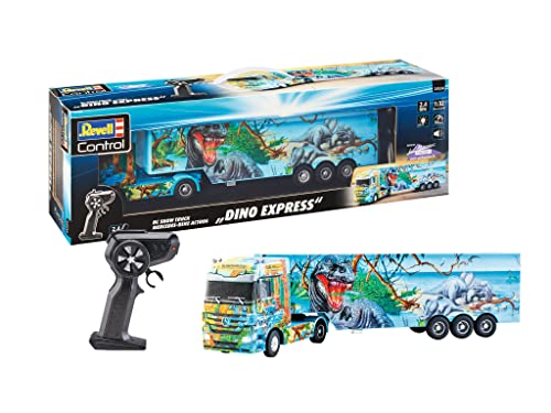 Revell Control RC Show Truck Mercedes Benz Actros Dino Express I Maßstab 1:32 I Detailreiche Airbrush-Lackierung und Dino-Design I Realistische Sounds und LED-Beleuchtung I An-/Abkoppeln des Trailers